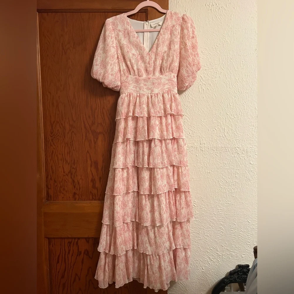 Elegant Pink Ruffle Midi Dress - Picture 3 of 9